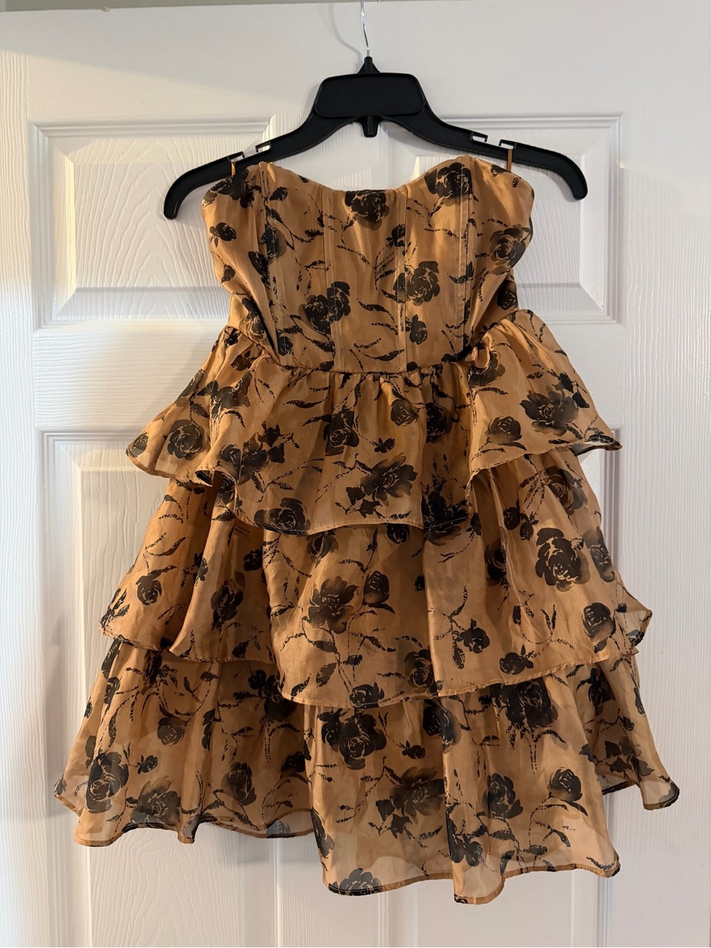 Strapless Tiered Floral Dress in Tan and Black